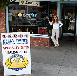 Zarifa in front of her store in Grants Pass, Oregon